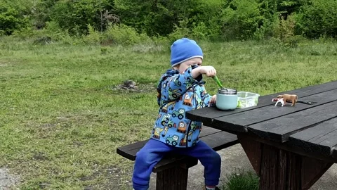 An active child eats organic food from a thermos in nature Stock Footage 239921975