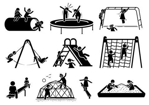 Active children playing at playground stick figures icons. Vector illustratio Stock-Illustration