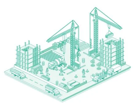 Active construction site with cranes, workers, builders and skyscrapers und.. Stock Illustration