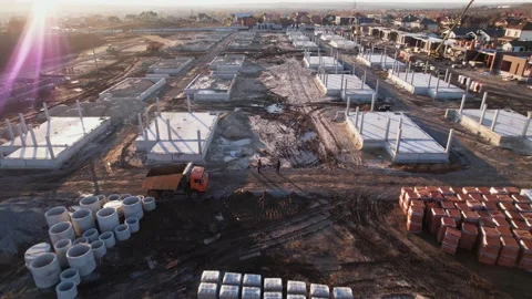 Active construction of a suburban cottage town view from a drone Video stock 174810329