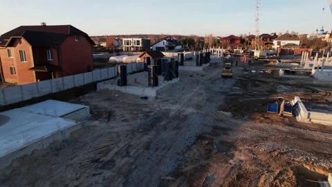Active construction of a suburban cottage town view from a drone Video stock 174811011