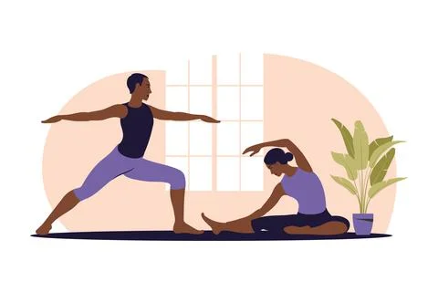 Active couple doing exercise. African man and woman training together at home Stock Illustration