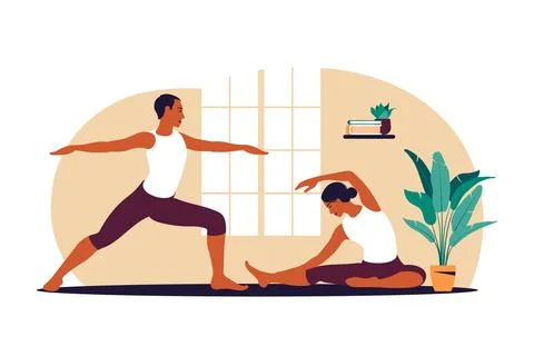 Active couple doing exercise. Man and woman training together at home. Sport  Stock Illustration