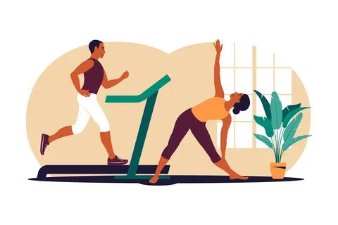 Active couple doing exercise. Man and woman training together at home. Sport  Stock Illustration