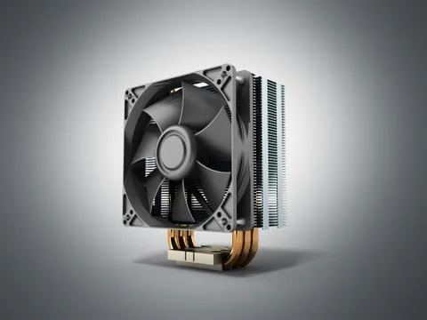 Active CPU cooler with the aluminum finned heat-sink and the fan 3d render on Stock Illustration