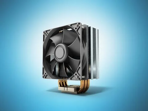 Active CPU cooler with the aluminum finned heat-sink and the fan 3d render on Stock Illustration