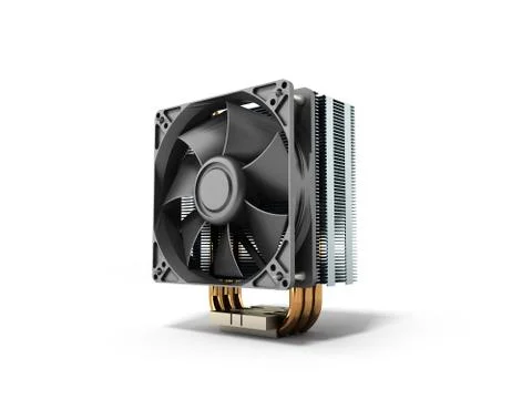 Active CPU cooler with the aluminum finned heat-sink and the fan 3d render on Stock Illustration
