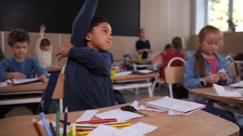 Active cute boy confidently raising hand in class Stock Footage 122539739