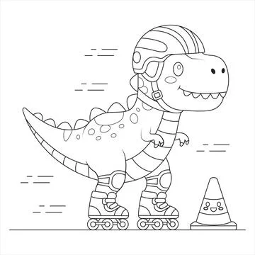 Active Dinosaur Roller-Skating With Helmet And Traffic Cone Outline Colorin.. Stock Illustration