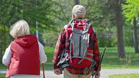 Active Elderly Couple Walking in Park Stock Footage