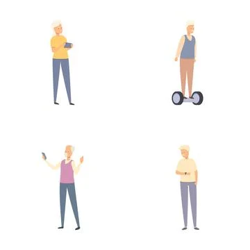 Active elderly icons set cartoon vector. Modern grandparent actively spends time Stock Illustration