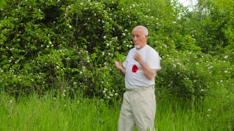 Active elderly man doing blocks and punches against nature background Video stock 314494386