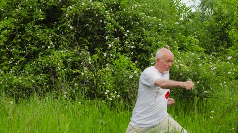 Active elderly man doing blocks and punches in a standing position Video stock 314494403