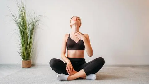 Active exercise sport load lady stretching neck Stock Photos