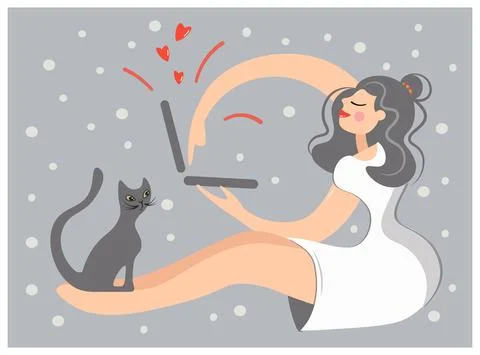 The active girl is energetically typing sms on the laptop. The woman is sendi Stock Illustration