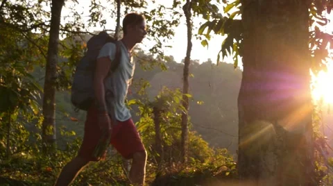 Active Healthy Man Hiking in Forest with Backpack at Sunset Stockbeeldmateriaal 66549857