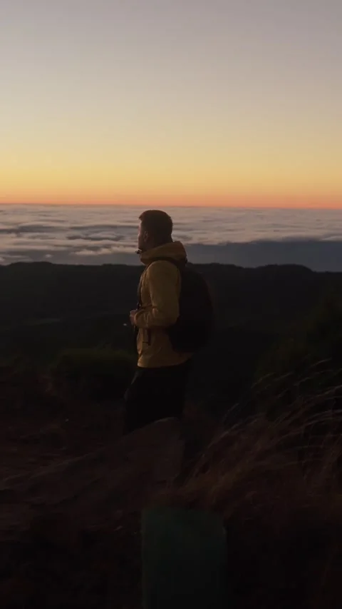 Active hiker man with backpack hiking epic mountain trail Stock Footage 299958800