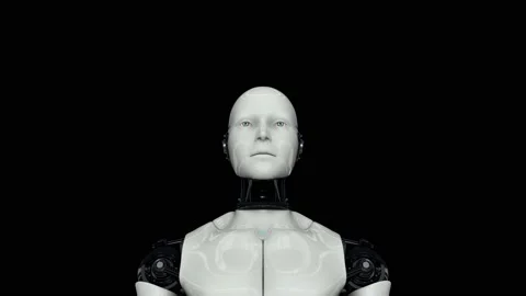 Active humanoid robot on a black background. Artificial intelligence. The camera Stock Footage 132124062