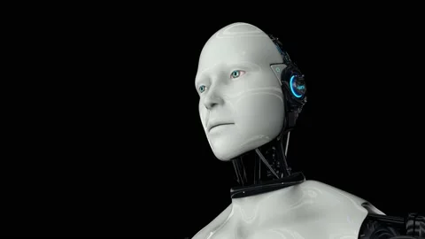 Active humanoid robot on a black background. Artificial intelligence. The camera Stock Footage 134070450