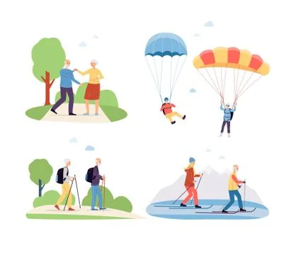Active lifestyle of elderly men and women set of flat vector illustrations. Stock Illustration