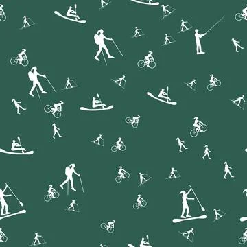 Active lifestyle seamless pattern with white silhouettes of cyclists, hikers, Stock Illustration