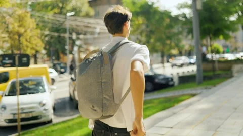 Active male learner wearing a backpack running away in the sunny park. 库存影片 345967943