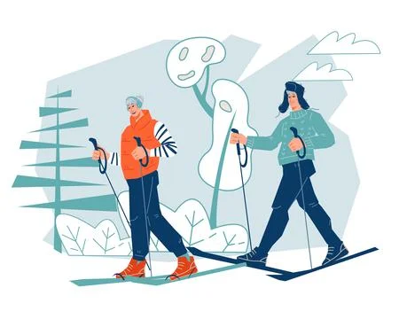 Active mature couple skiing. Elderly man and woman enjoying outdoor winter ph Stock Illustration