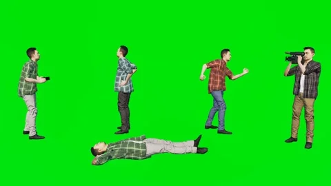 Active men filming with cameras and a man lying injured on the floor isolated Stock Footage 329597317