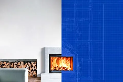 Active Modern Fireplace. Split screen from drawing to photo Stock Photos