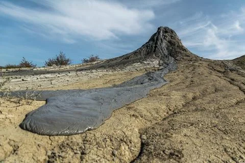 Active mud volcano eruption captured in Romania Stock Photos