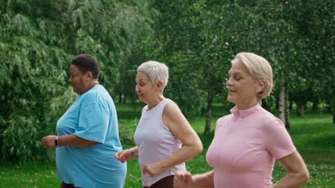Active Multiethnic Senior Women Jogging Together in Green Park Stock Footage 341693464