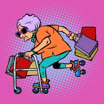 Active old lady with shopping Stock Illustration