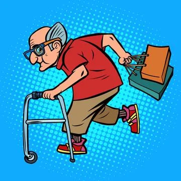  Active old man with shopping Active old man with shopping. Comic cartoon ... Foto stock