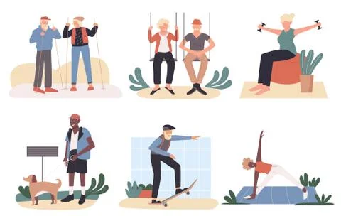 Active old people vector illustration set, cartoon flat aged healthy lifestyle 库存插图