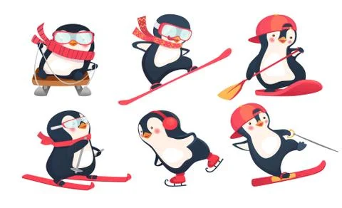 Active penguins in winter and summer set Stock Illustration