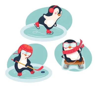 Active penguins in winter concept Stock Illustration