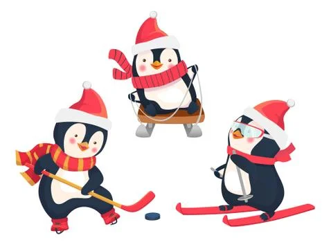Active penguins in winter concept Stock Illustration