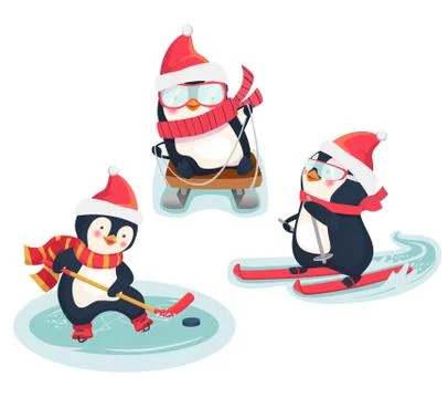 Active penguins in winter concept Stock Illustration