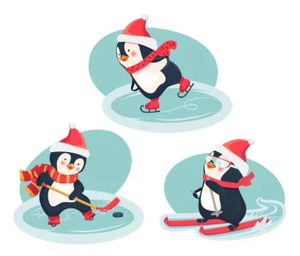 Active penguins in winter concept Stock Illustration