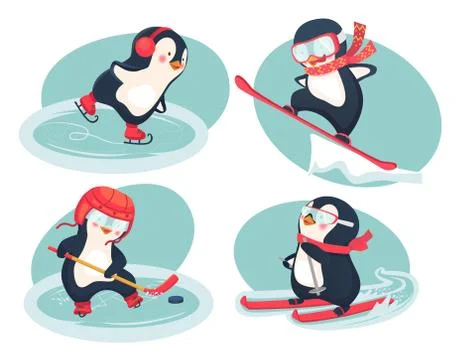 Active penguins in winter concept Stock Illustration