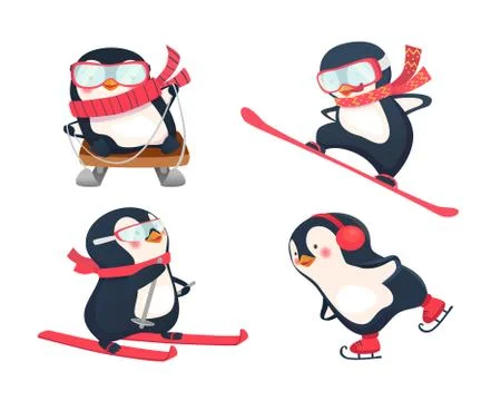 Active penguins in winter Stock Illustration