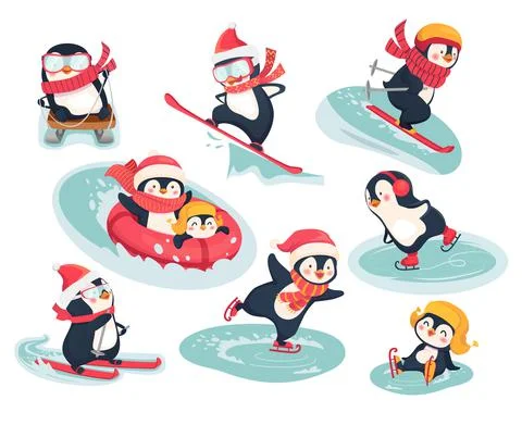 Active penguins in winter Stock Illustration