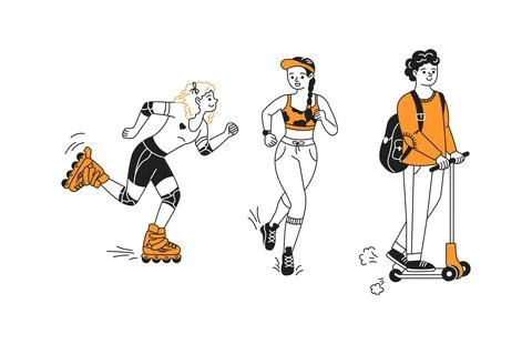 Active People Rollerblading Running and Scootering Stock Illustration