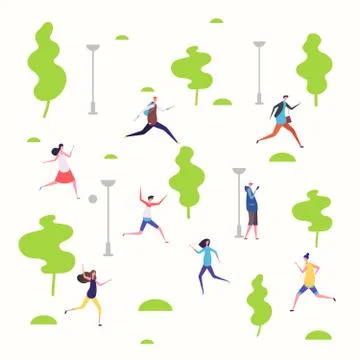 Active people in the spring park, walking and running people vector illustration Ilustración de archivo