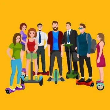 Active peoples fun with electric scooter, family on new modern technology Stock Illustration