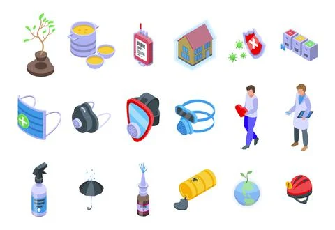 Active protection icons set isometric vector. Fire coding Stock Illustration