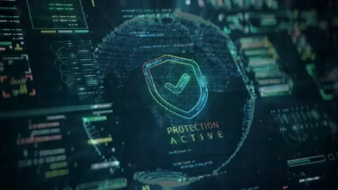 Active Protection Shield Checkmark on Computer Screen HUD Stock Footage 336900797