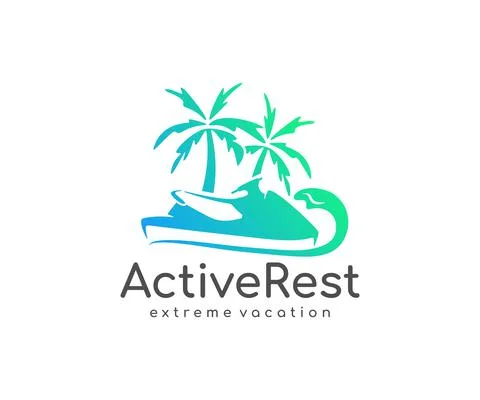 Active recreation on a jet ski logo design. Water scooter at tropical beach Stock Illustration