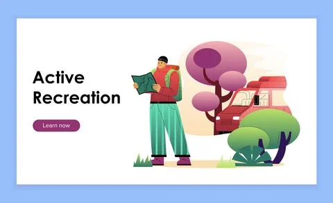 Active recreation poster. Man with map near van. Hiking and camping, active Stock-Illustration