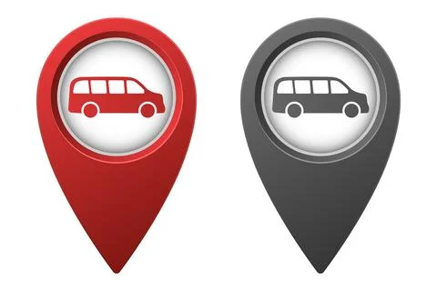 Active red and inactive gray map pointer or marker with bus car icon Stock Illustration